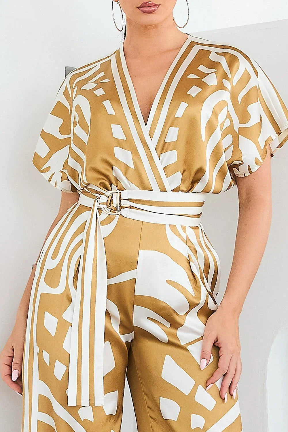 Abstract Glamour Satin Jumpsuit Camel
