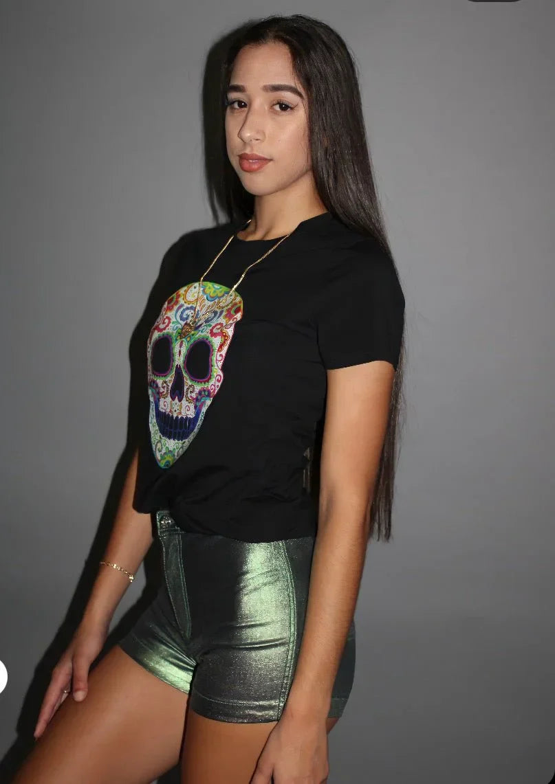 Calavera Black Graphic Top – Sugar Skull Cropped Tee