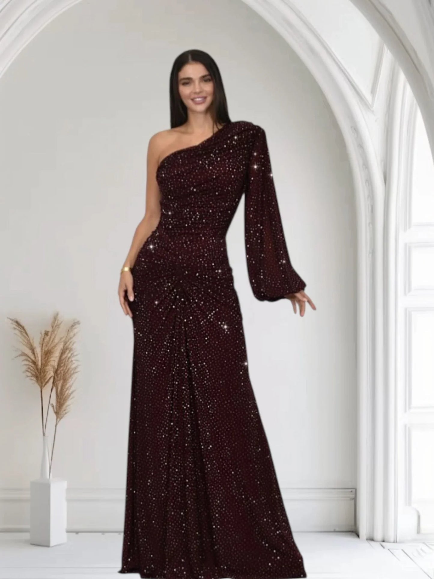 Celestial One Shoulder Gown in Maroon with Shimmer Finish