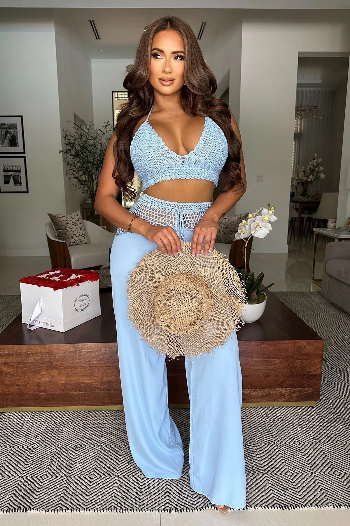 Coastal Breeze Crochet Pant Set-Baby Blue