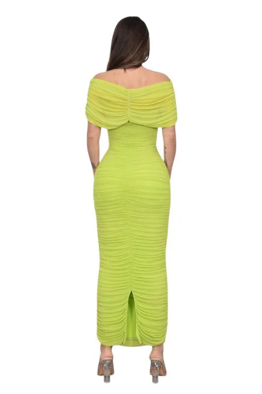 Enchanted Allure Ruched Off-Shoulder Maxi Dress - Lime Green