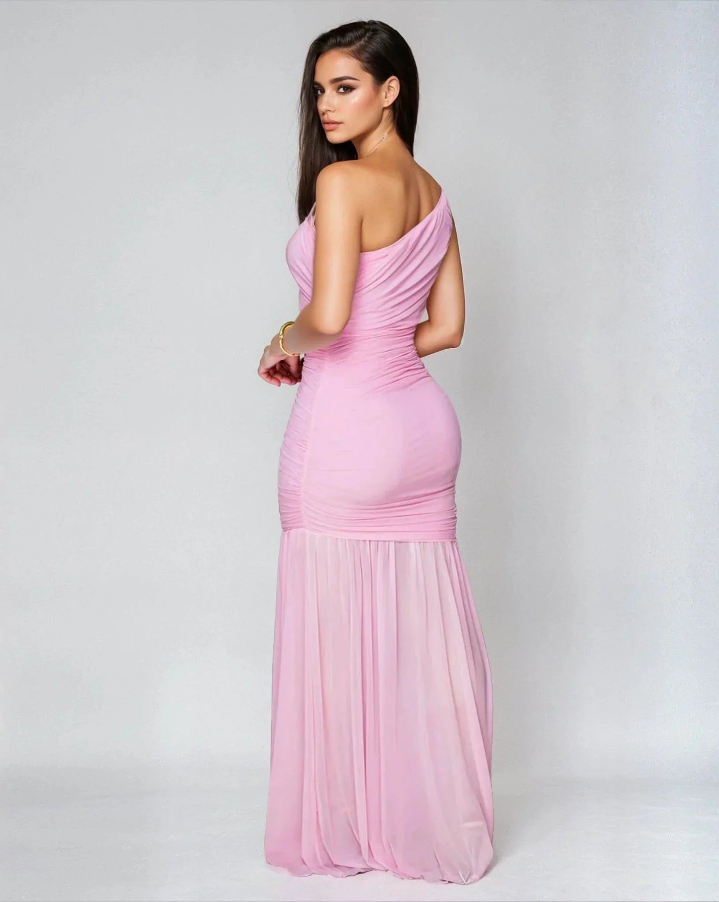 Ethereal Grace Ruched Mesh Asymmetric Maxi Dress - Pink