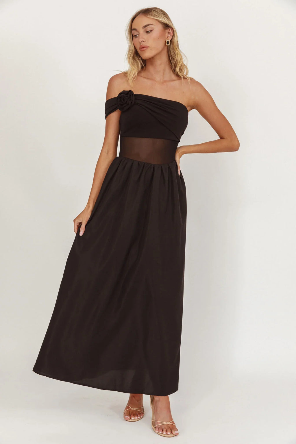 Uma One Sleeve Sheer Waist Midi Dress Black
