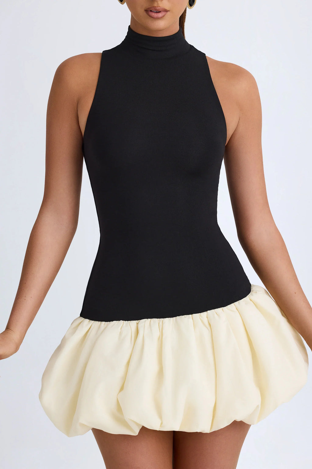 Modal Turtleneck Drop-Waist Bubble Hem Mini Dress in Black