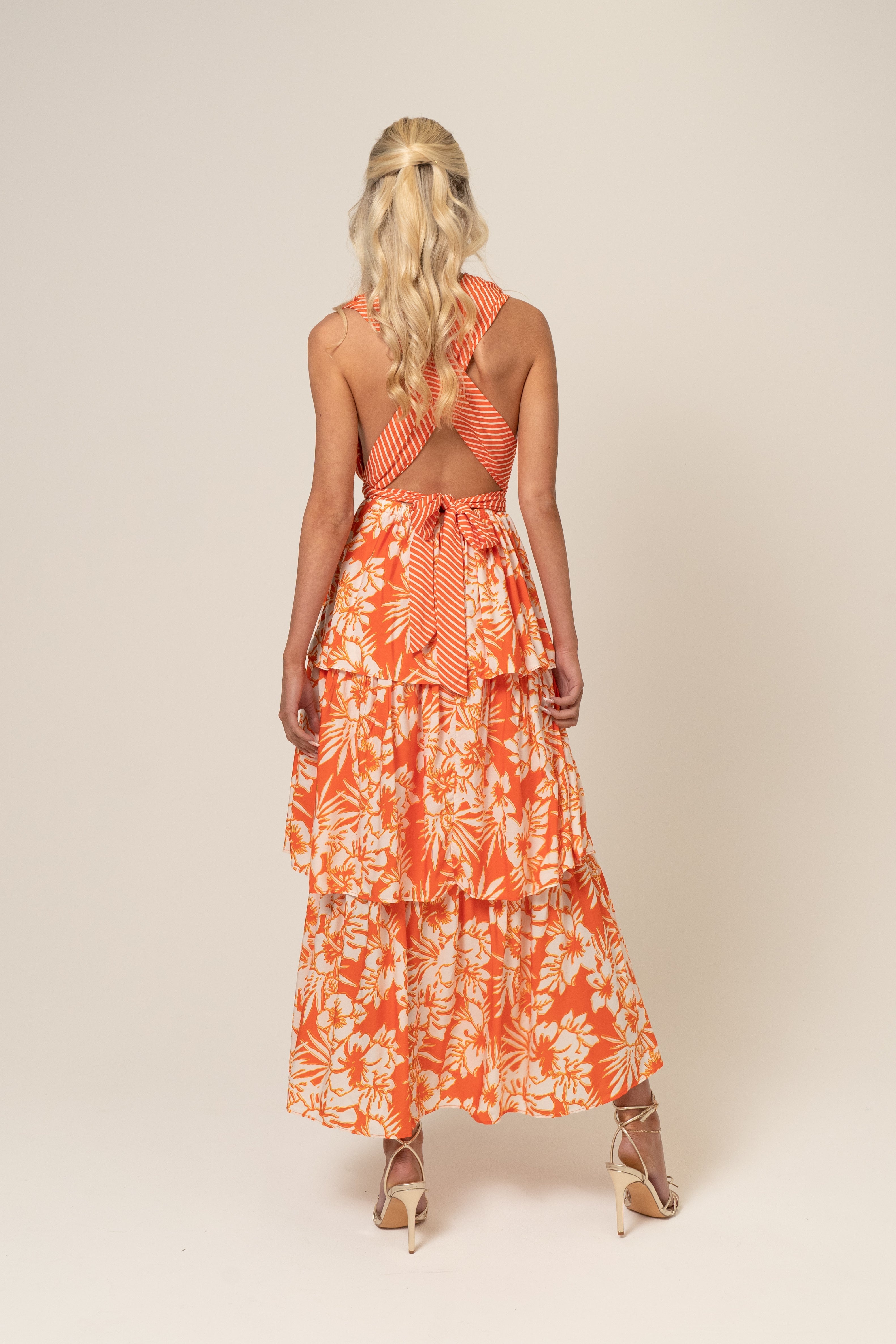 Lydia Orange Print Cross Back Maxi Dress