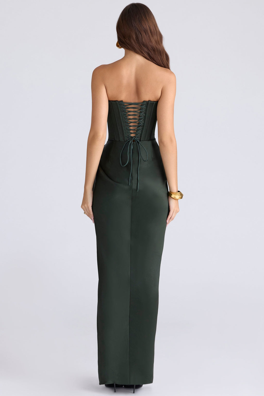 emerald satin strapless maxi dress