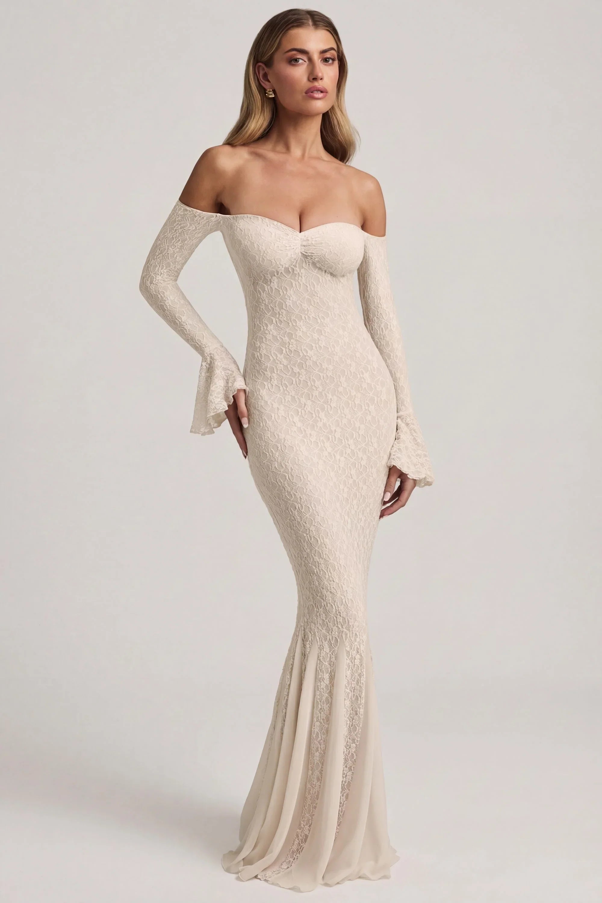 Off-Shoulder Ruffle Lace Maxi Dress in Ivory
