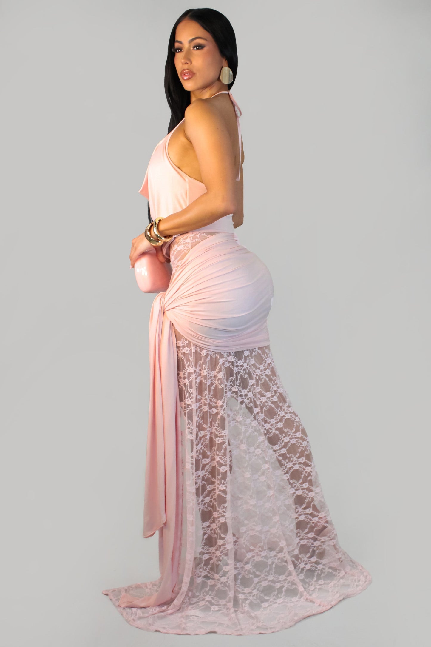 Lace Illusion Draped Halter Gown Maxi Dress - Pink