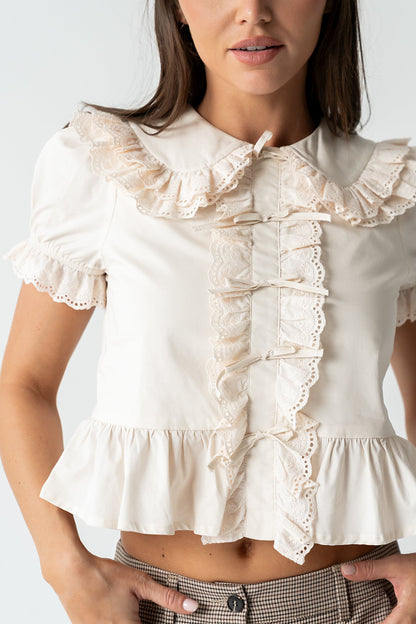 Chrissy Lace Trim Blouse in Cream - FINAL SALE