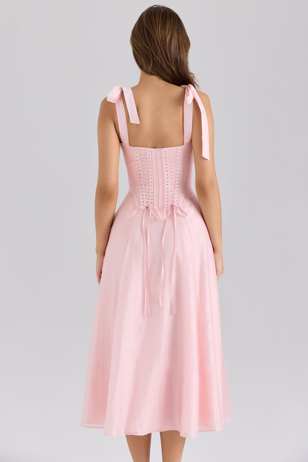 pink chiffon tie strap midi dress