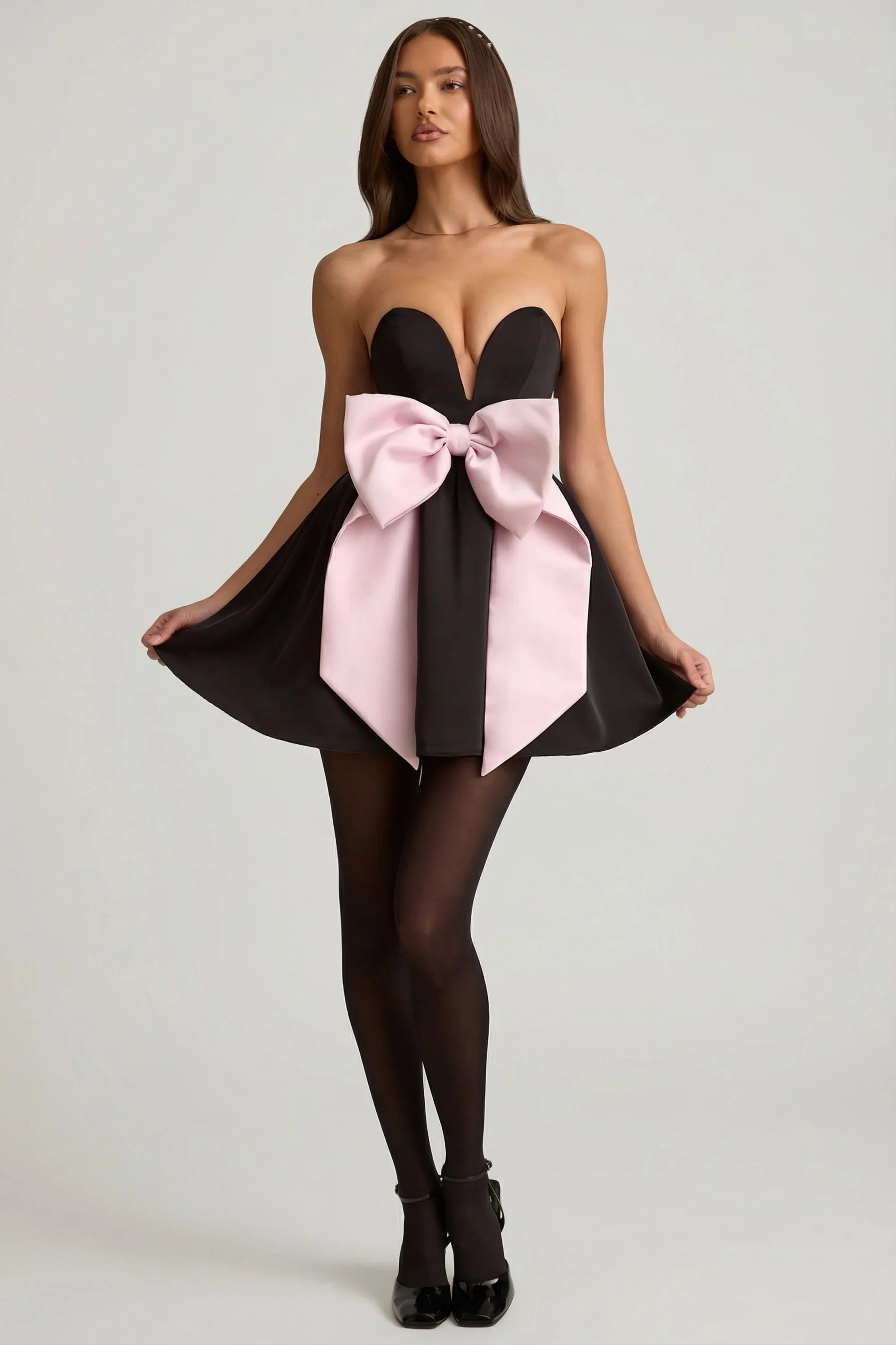 Bow-Detail Corset Mini Dress in Black