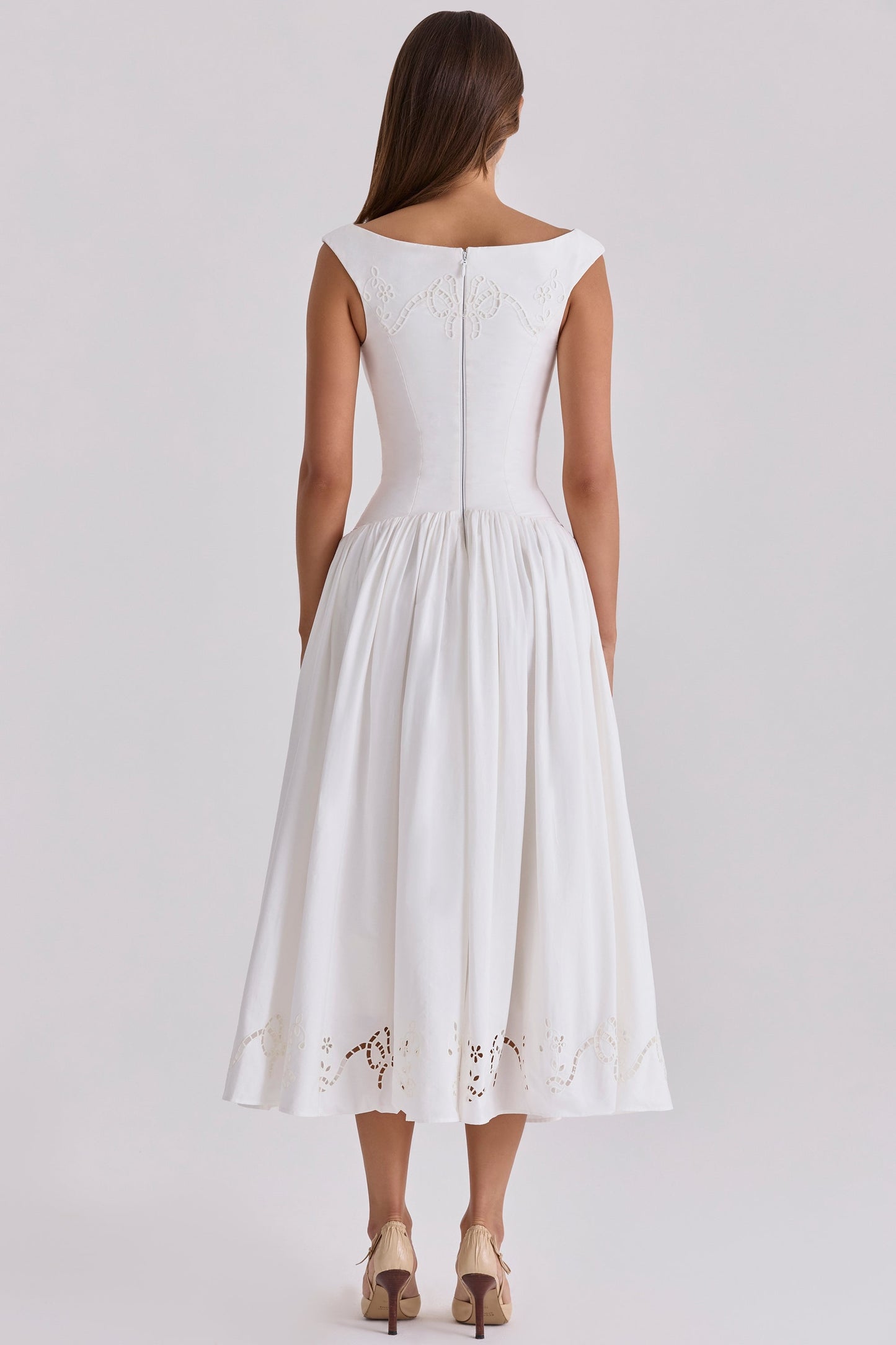 white cotton broderie anglaise boat neck maxi dress