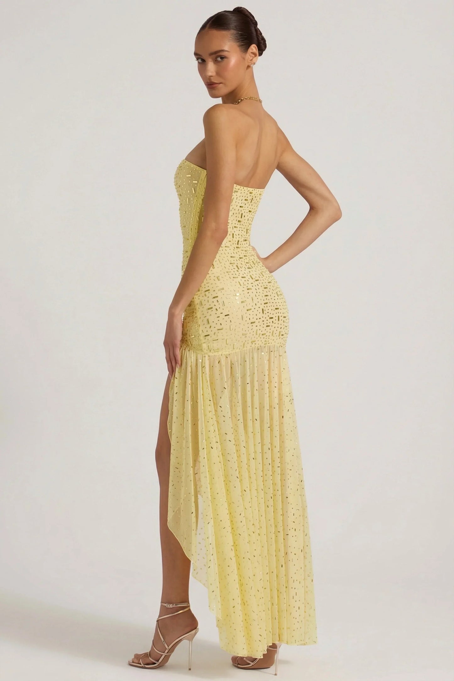 Semi-Sheer Embellished Asymmetric Maxi Dress in Yellow
