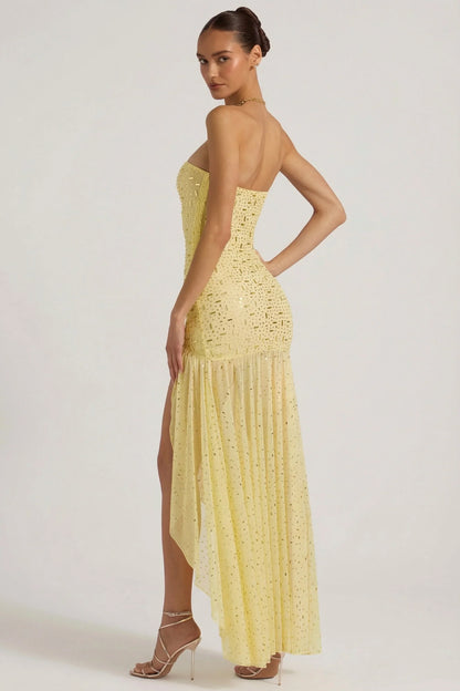 Semi-Sheer Embellished Asymmetric Maxi Dress in Yellow