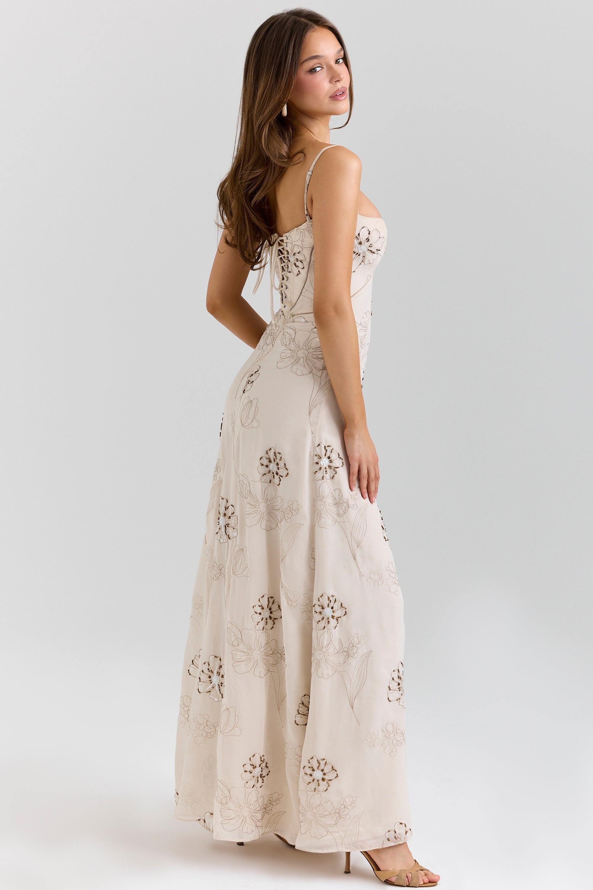 vanilla embroidered hand beaded floral maxi dress
