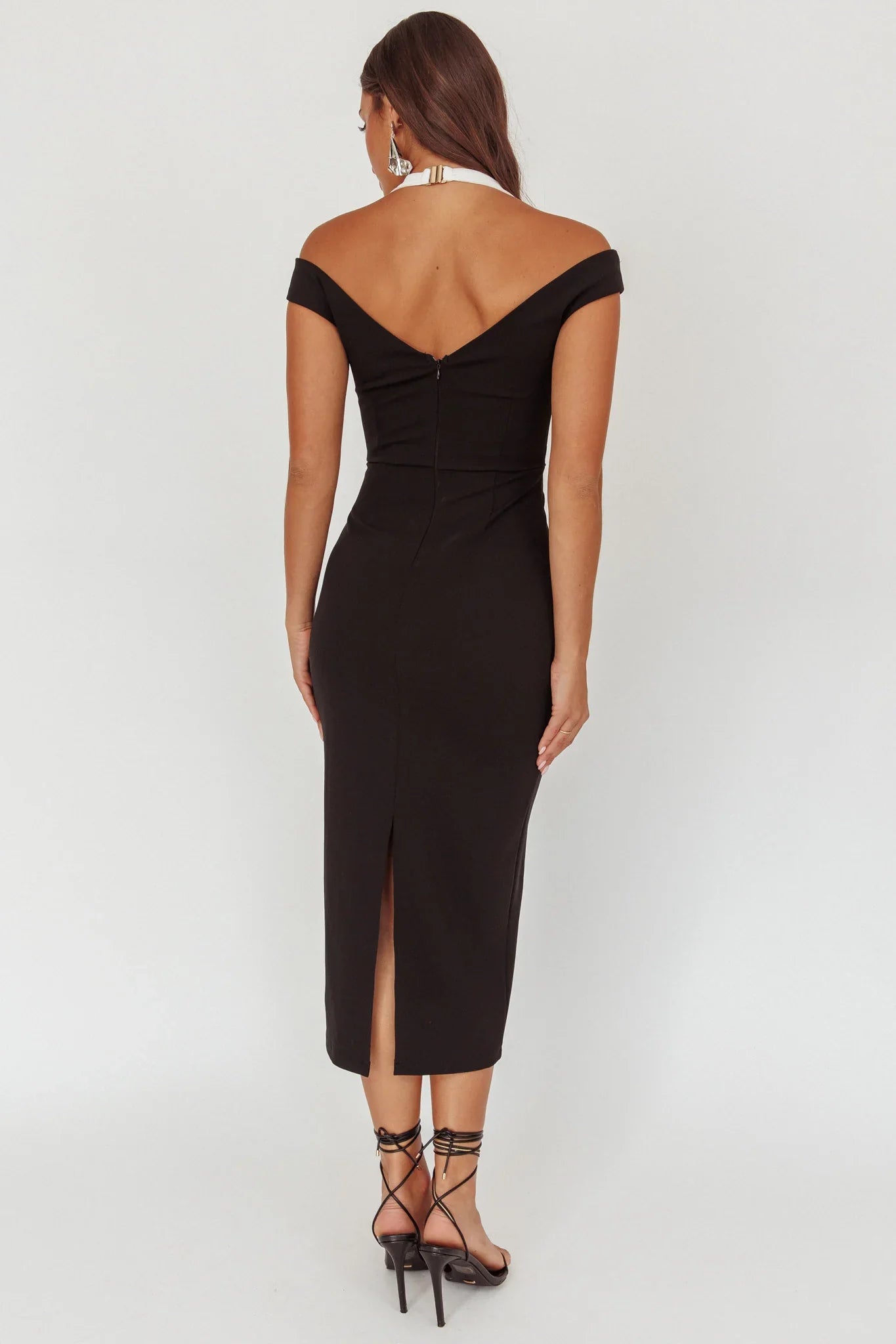 Tyla Contrast Mesh Halter Midi Dress Black