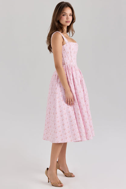 pink rose print stretch cotton corset midi dress