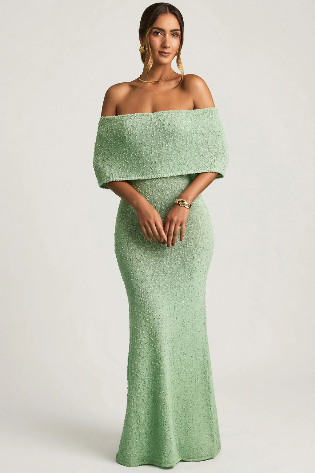 Bouclé Off-Shoulder Maxi Dress in Mint