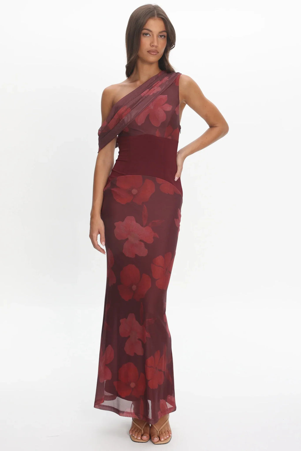 Milos Asymmetric Neckline Maxi Dress Floral Grape
