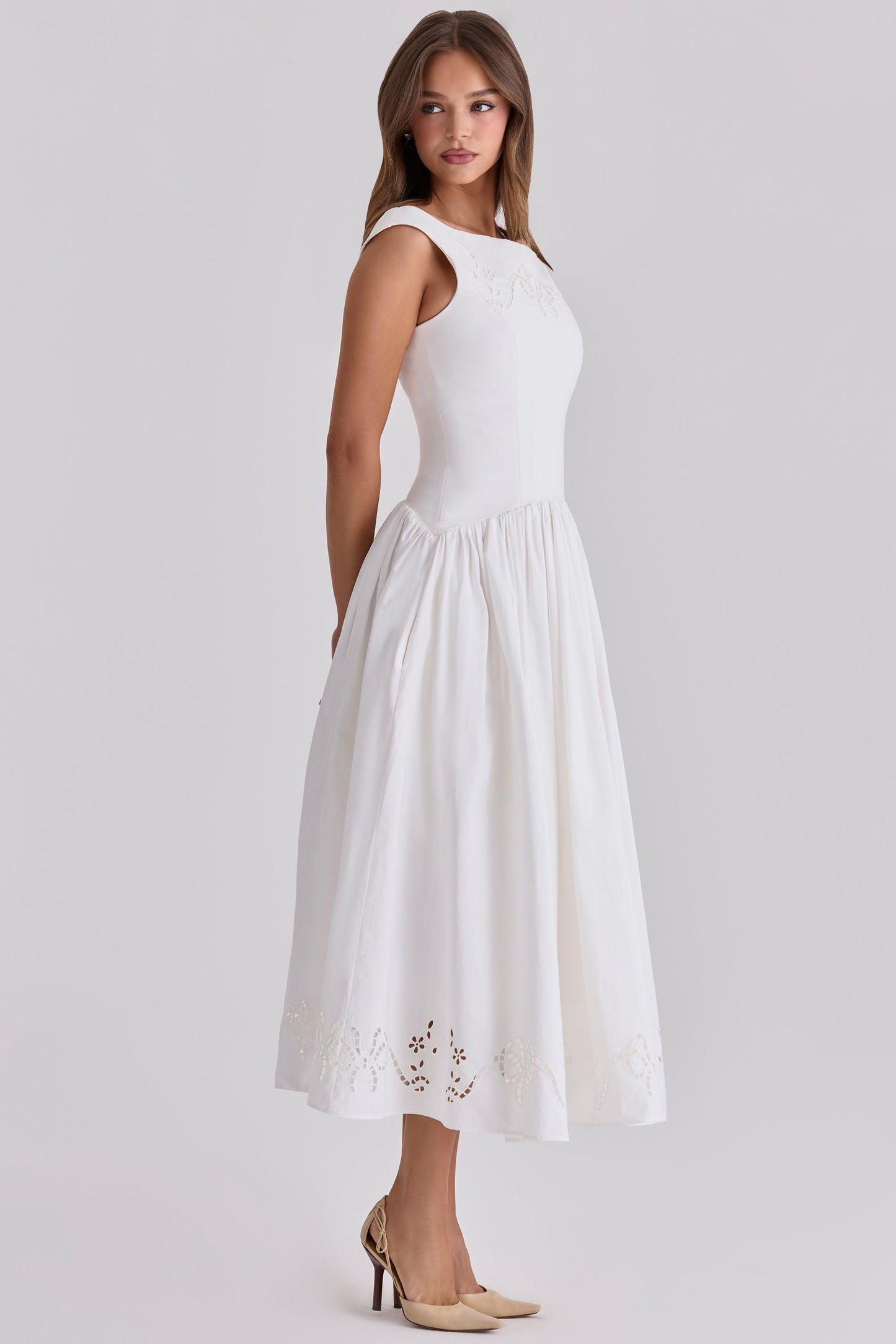 white cotton broderie anglaise boat neck maxi dress
