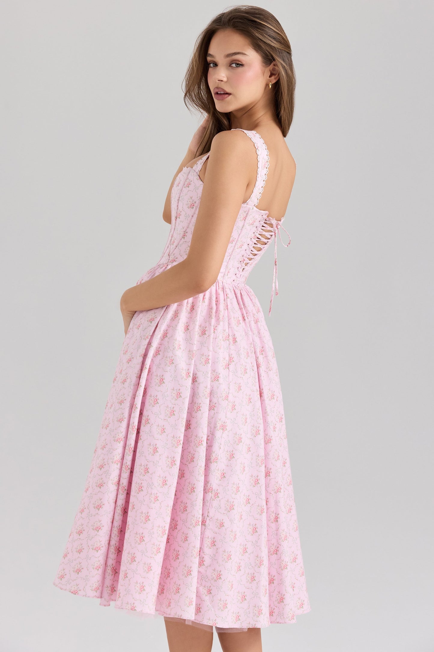 pink rose print stretch cotton corset midi dress