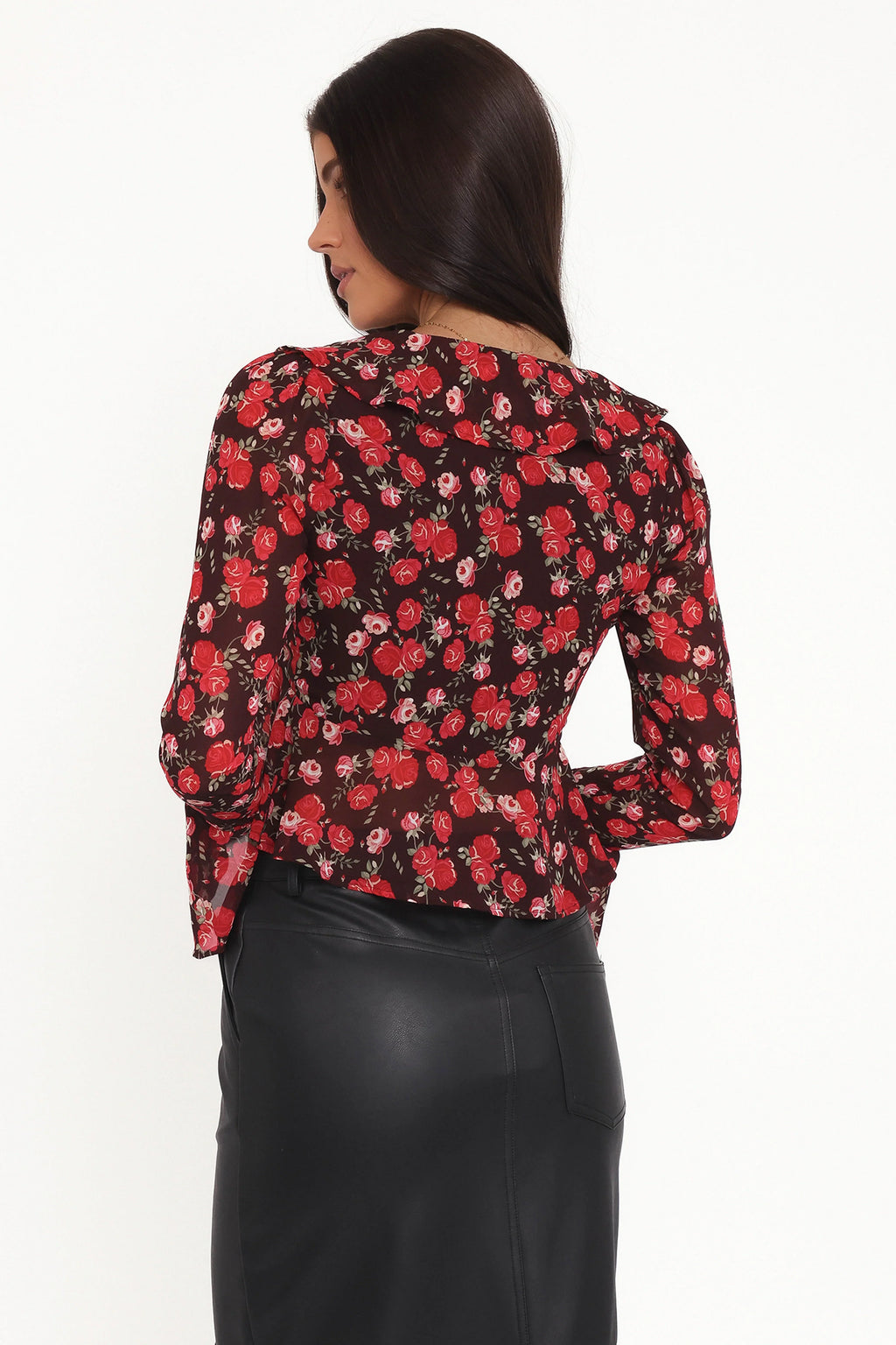 Aveline Chiffon Ruffle Front Top - Brown Floral