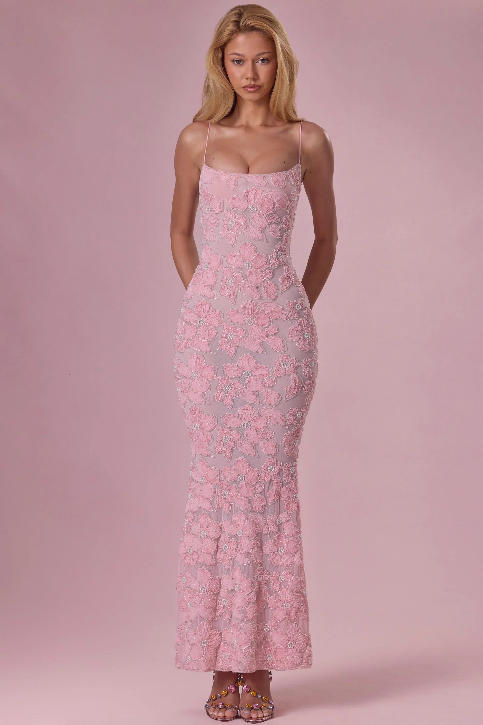 Embellished Square Neck Maxi Dress in Blush Pink