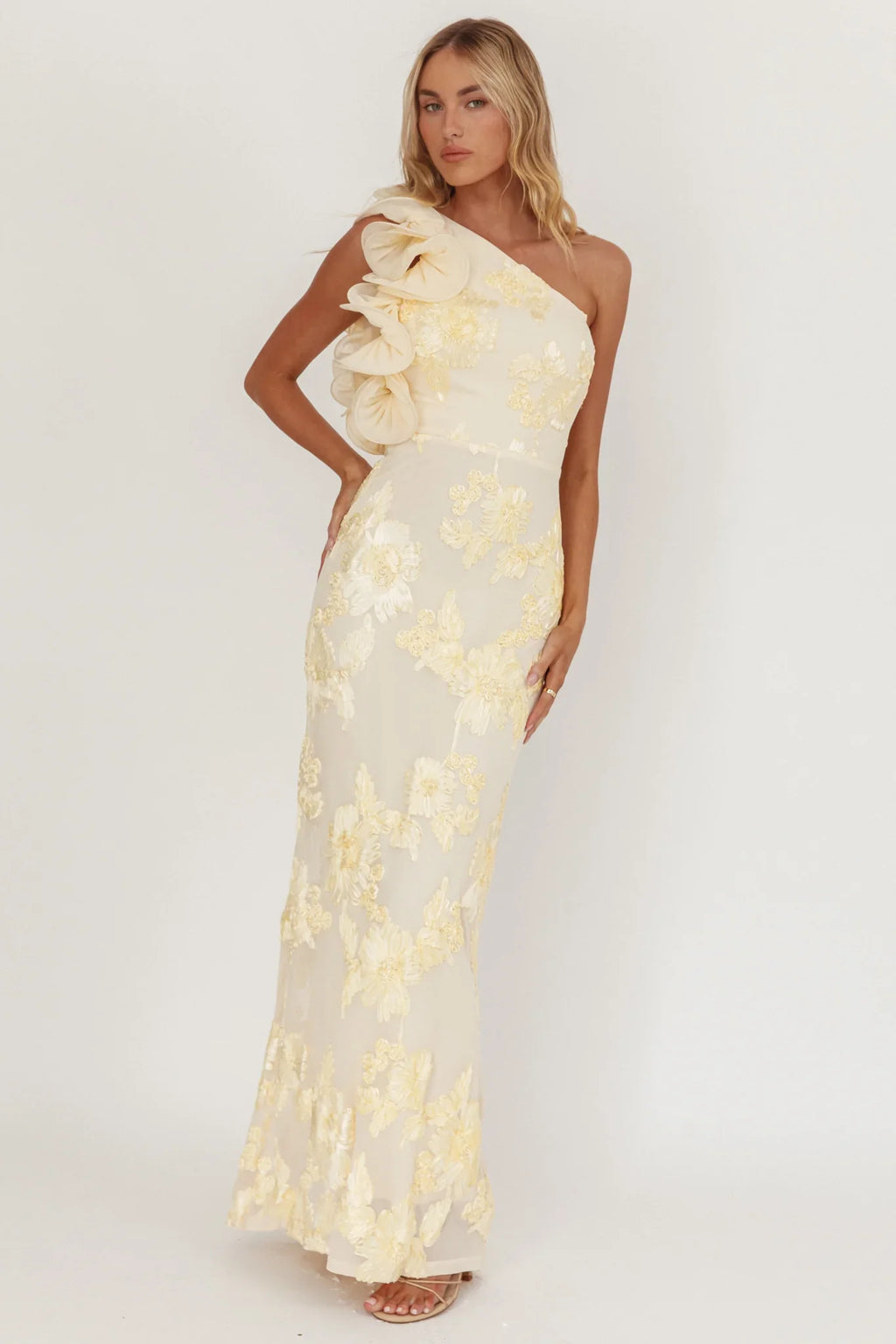 Deanna One-Shoulder Ruffle Maxi Dress Floral Texture Yellow