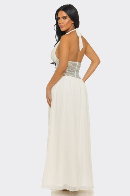 Goddess Allure Rhinestone Halter Gown- White