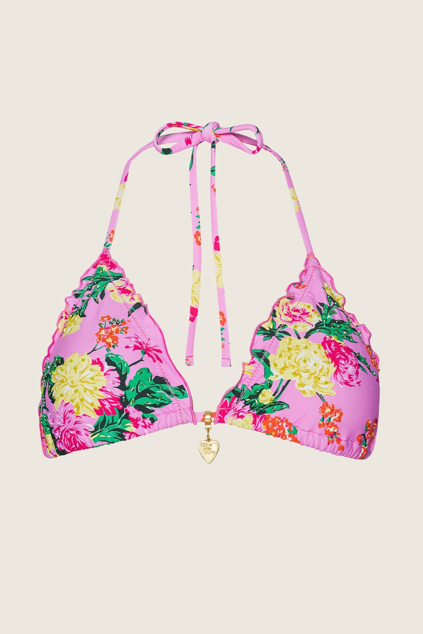 PJS x PQ Swim Dahlia Embroidered Lettuce Edge Triangle Top