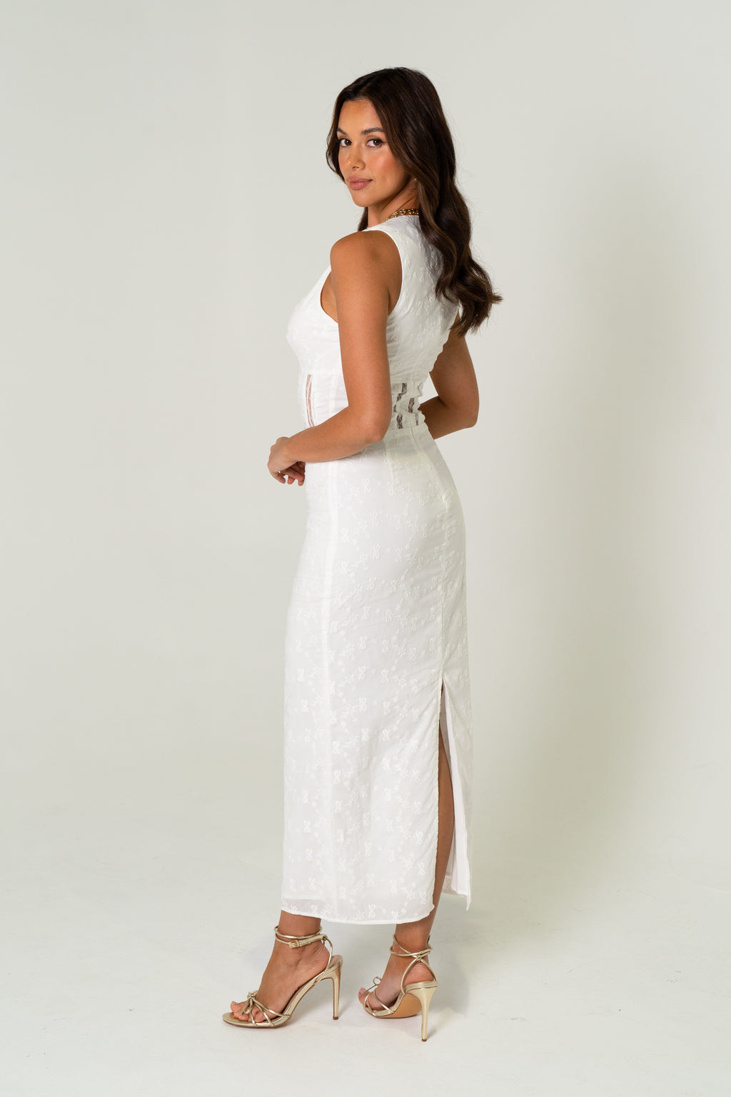 Brooke White Midi Scalloped Edge Dress