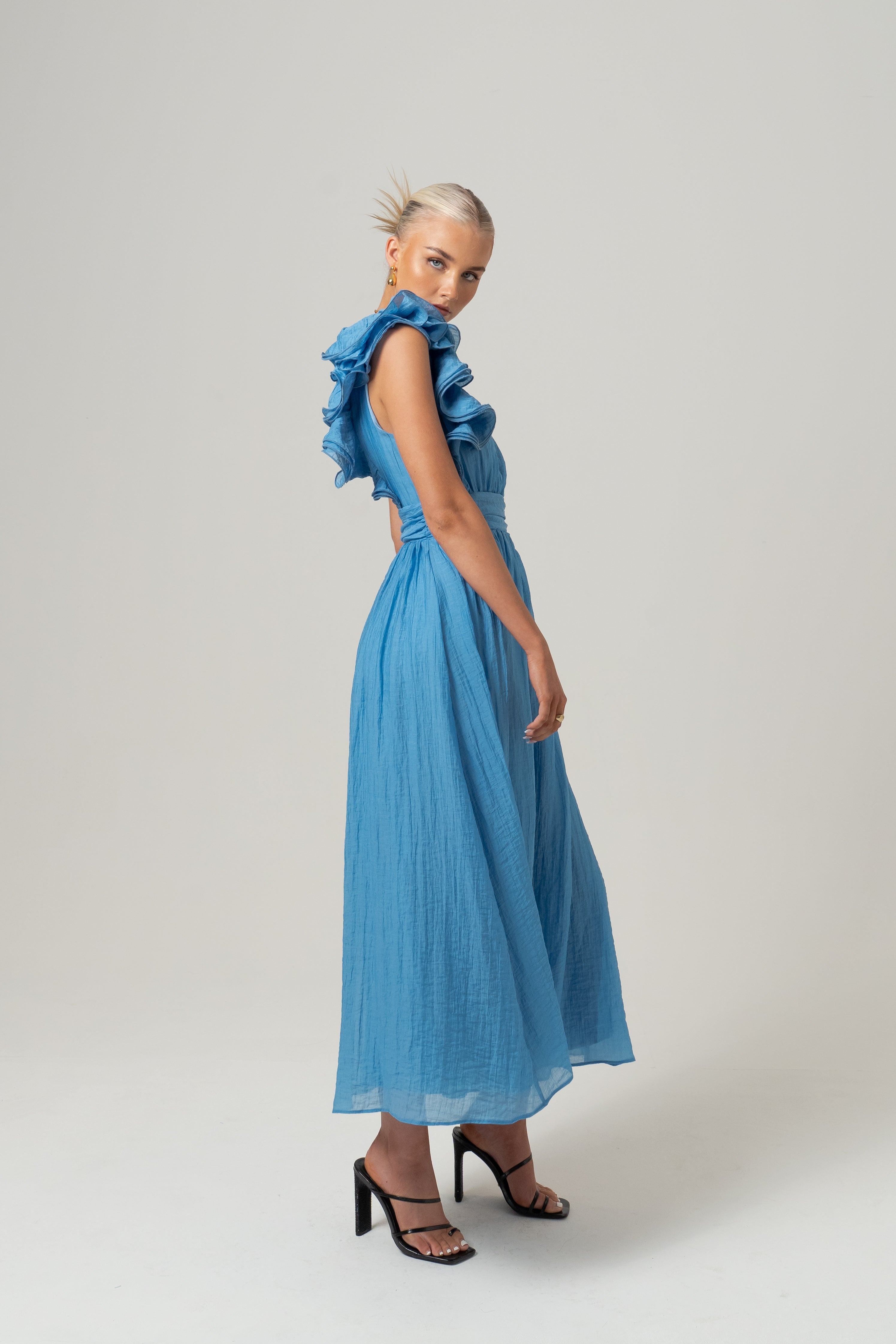Zara One-Shoulder Ruffle Midi Dress