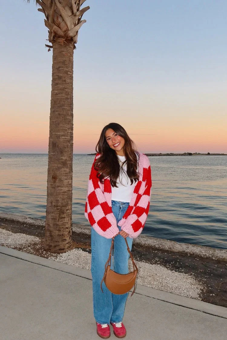Envi Pink And Red Checkered Knit Cardigan