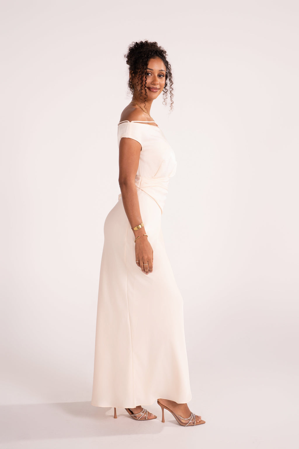 Novara Asymmetrical Cream Drop Shoulder Maxi Dress