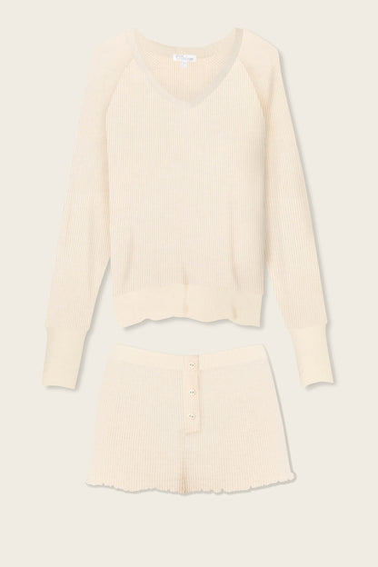 Textured Essentials Stone Short Long Sleeve Lounge Set
