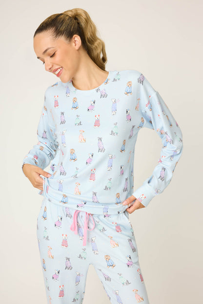Doggone Cold Dog Print Pointelle Long Sleeve Top