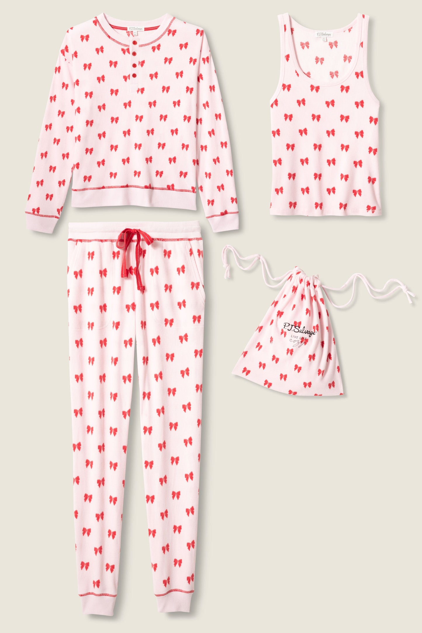 4-Piece Bow Print Waffle Lounge Set