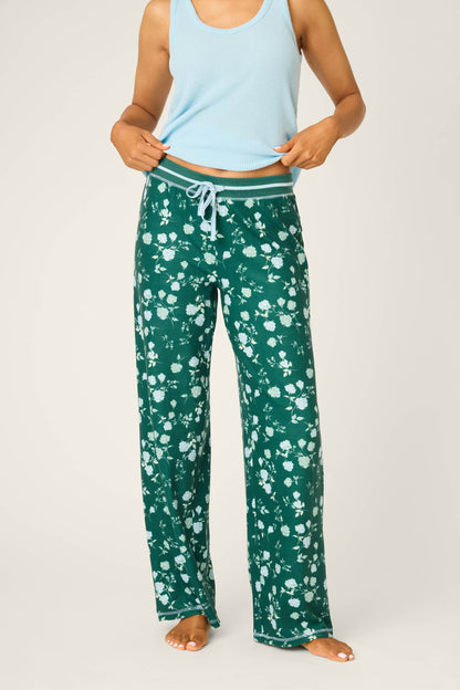 Green Floral Thermal Velour Open Leg Pants