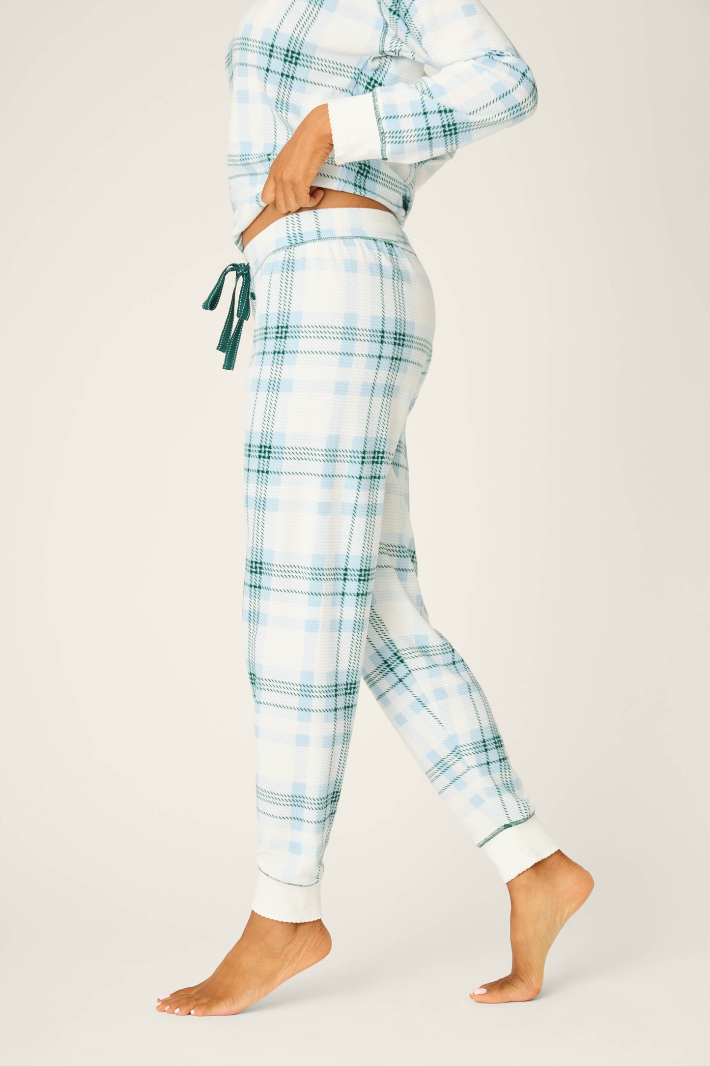 Green Plaid Thermal Velour Banded Pants