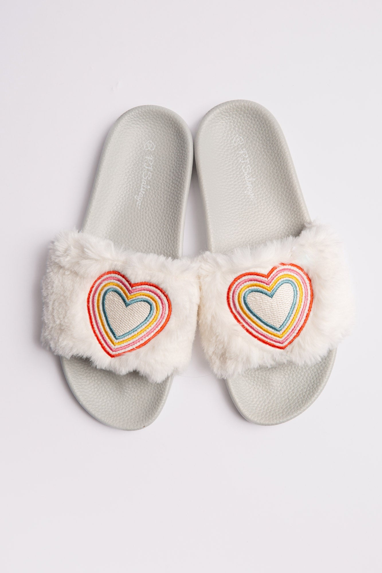 Fuzzy Feet Rainbow Heart Slides
