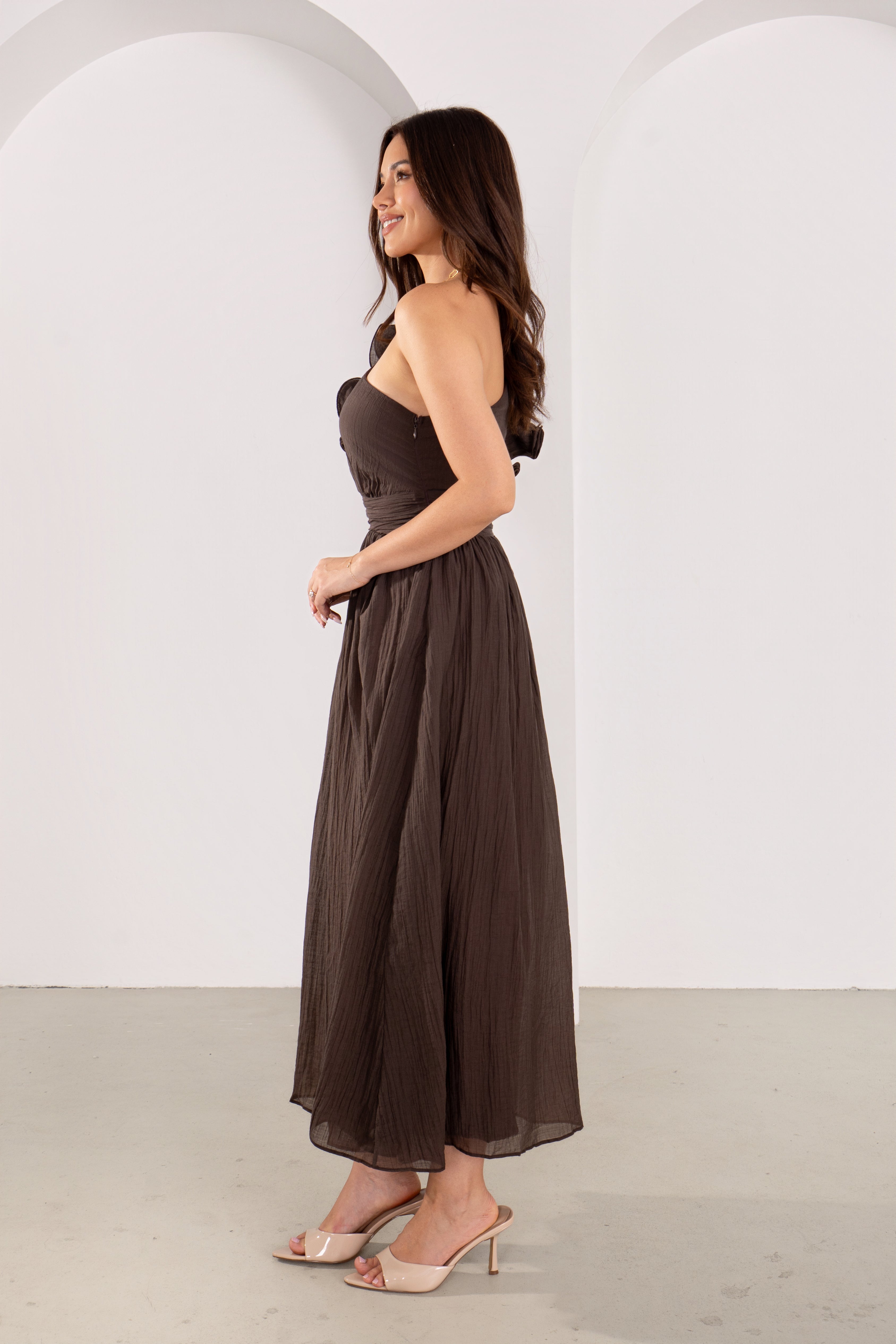 Zara One-Shoulder Ruffle Midi Dress