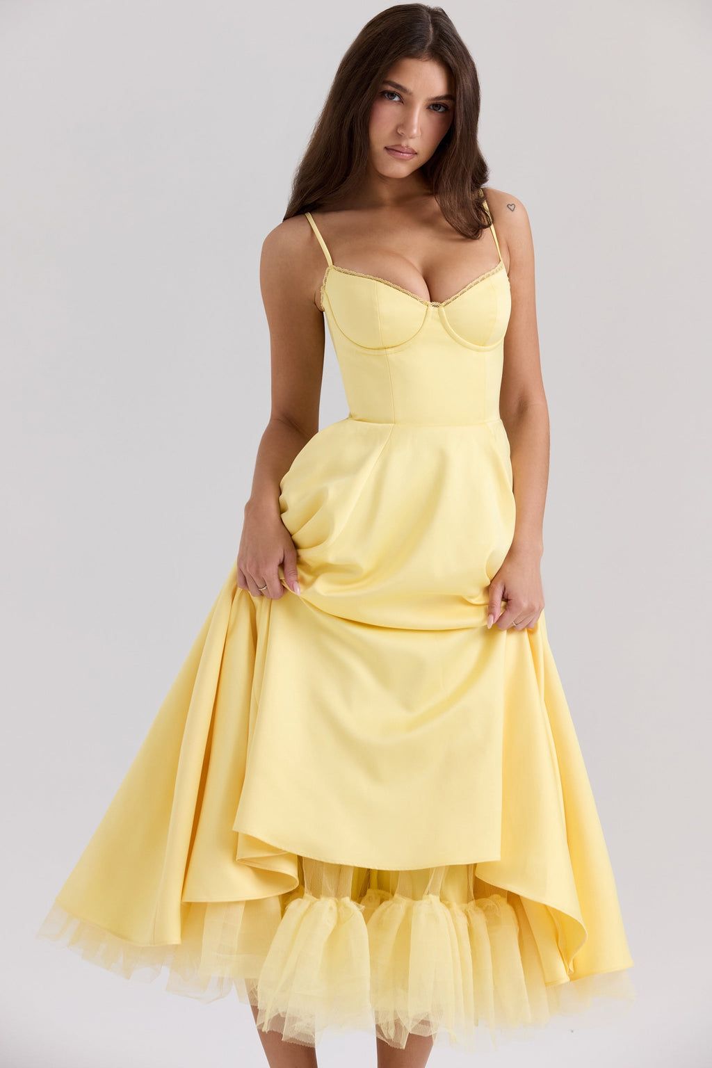sunshine yellow satin tulle midi dress