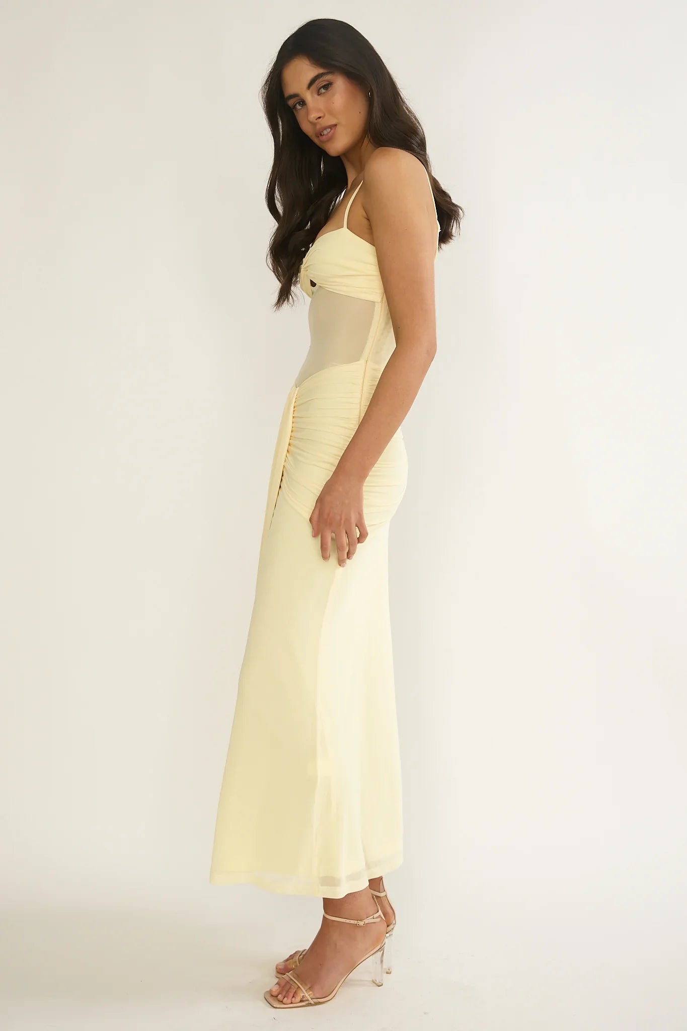 Kamilah Ruched Sheer Waist Maxi Dress Yellow