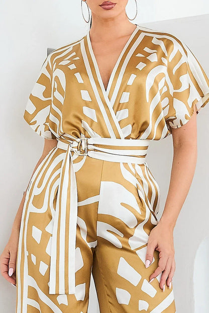 Abstract Glamour Satin Jumpsuit Camel