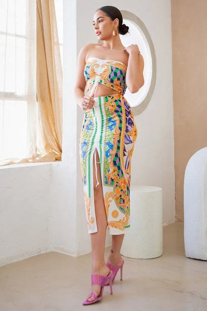 Adjustable Ruching Green Ruched Skirt Set with Midi Length