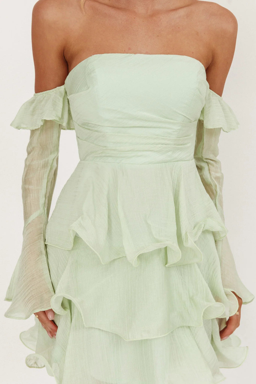 Giavana Off-Shoulder Layered Mini Dress Sage