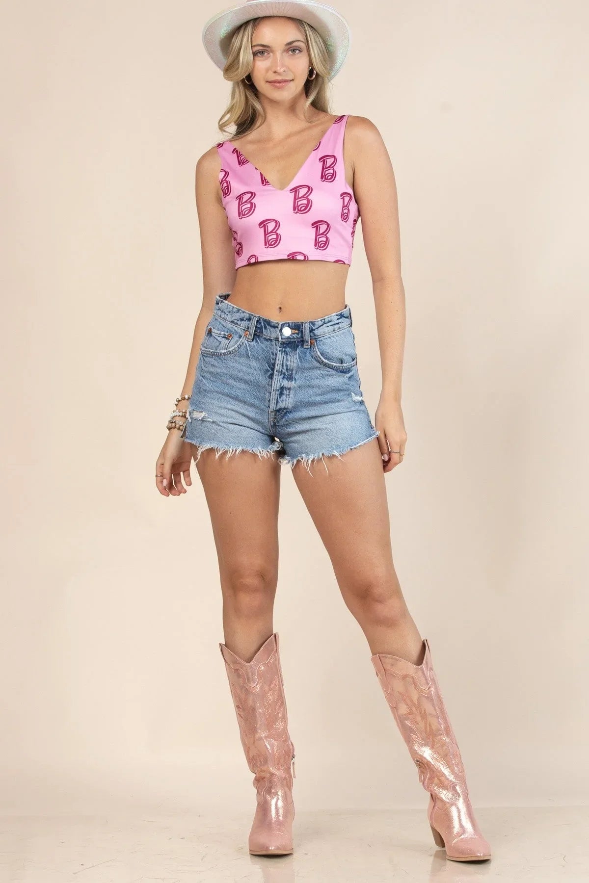 Barbie Style Pink Crop Top with V-Neck Tank Design