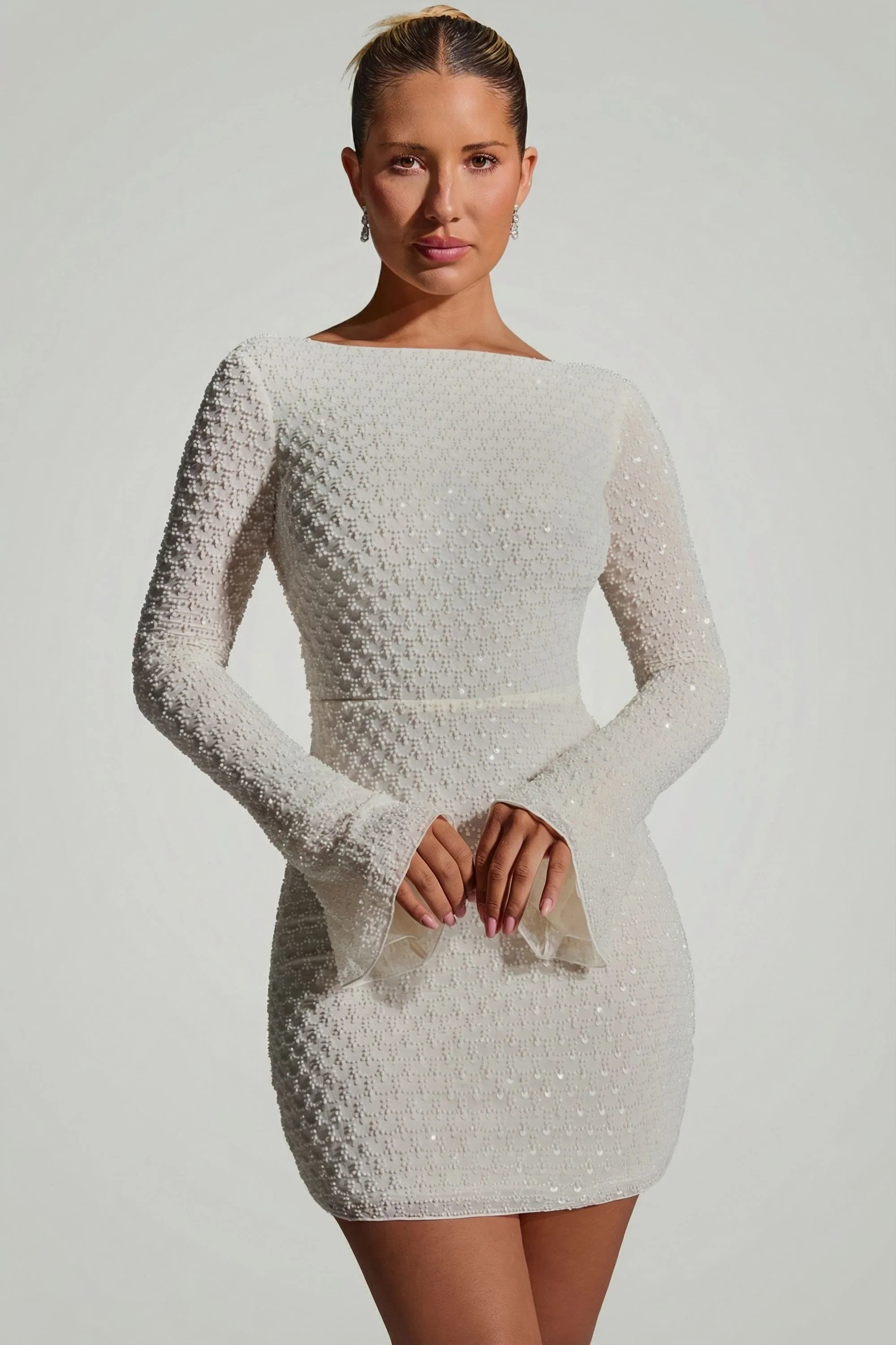 Embellished Open-Back A-Line Mini Dress in White