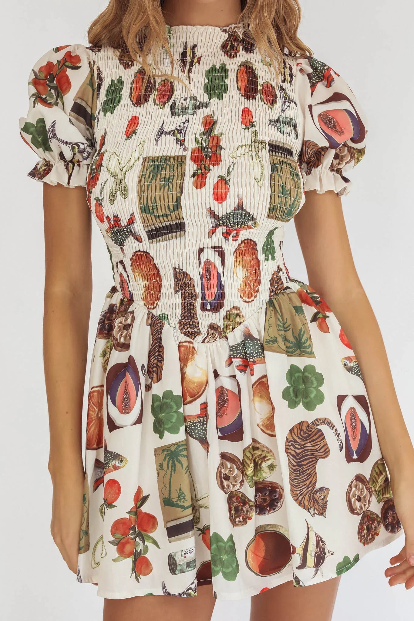 Nia Shirred Puff Sleeve Mini Dress Exotic Print Beige