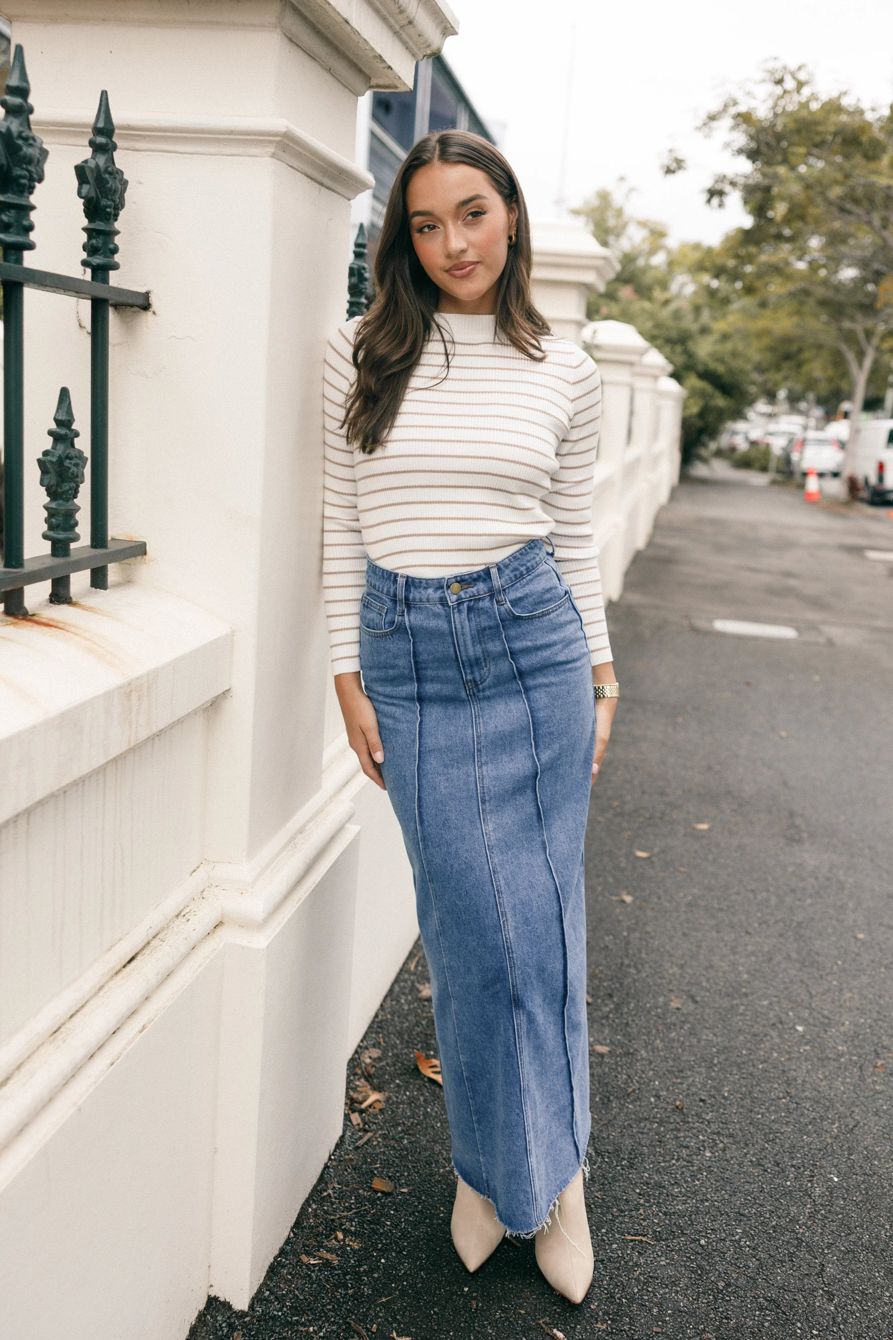 Stacie Ribbed Knit Top - Beige Stripe